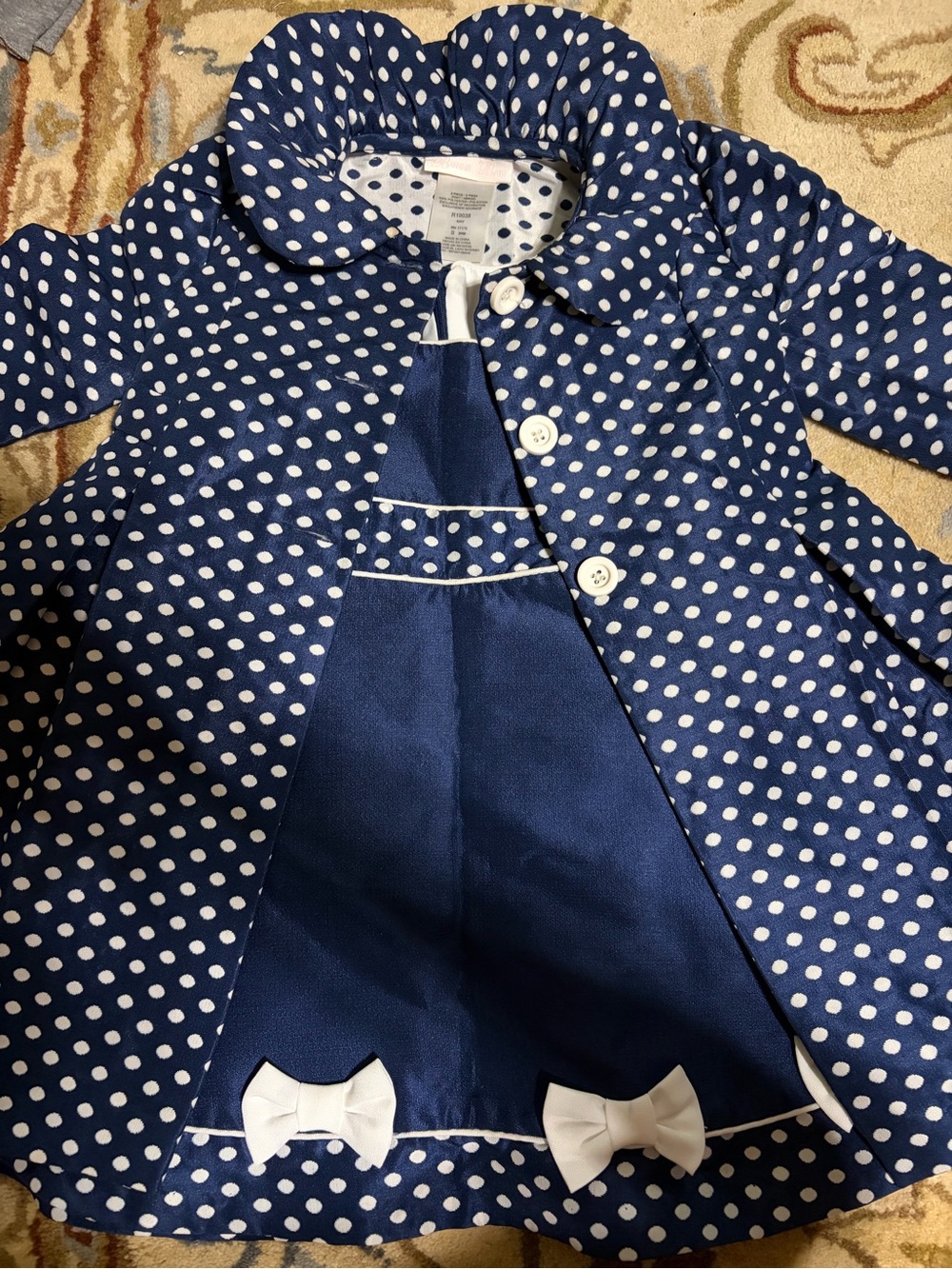 Bonnie Baby Navy and White Polka Dot Coat with Bow Trim
